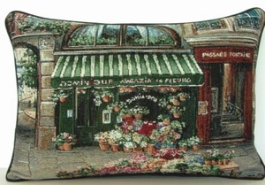 French Flower Shop On Sidewalk With Flowers, Store Fronts, Tapestry Pillow New - Picture 1 of 9