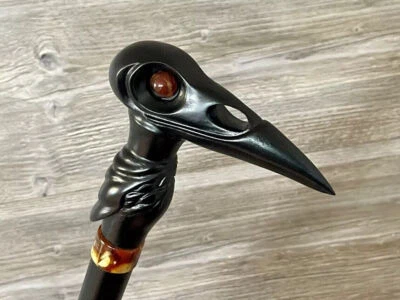 Black Raven Walking Stick Wood Wooden Cane Handcarved Carving Handmade Walking - Image 1 of 4