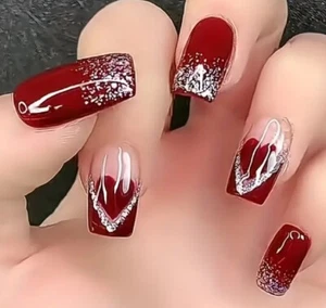 Valentinstag rot mit Herz & silbernen Glitzerakzenten glänzend mittel Press-On Nägel - Bild 1 von 7