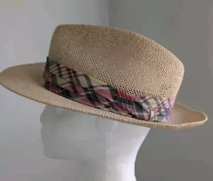 Rare 80s STETSON Straw Panama Hat Panatwist Madras Plaid Band Fedora XL USA Made - Picture 1 of 19