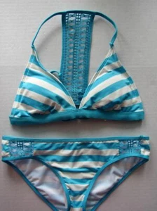 Striped Swimsuit Ella Moss Bralette Blue Lattice Bikini Bathing S Cabana - Picture 1 of 11
