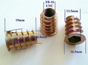 Qty 10 3/8" UNC Wood Timber Threaded Flange Insert Nut Zinc Alloy Allen Hex Nuts - Picture 1 of 1