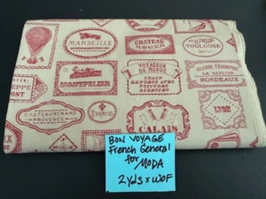 Bon Voyage Fabric by French General Moda VTG Travel Labels Red 2 Yards x WOF - Picture 1 of 4
