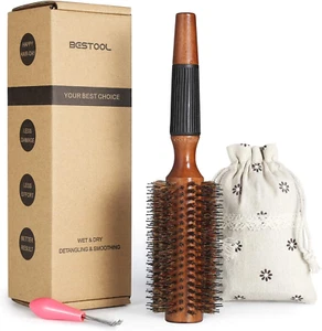 round Brush for Blow Drying, Boar Bristle round Hair Brush with Wooden Barrel, L - Picture 1 of 7