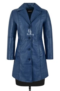 Damas Azul Piel de Cordero Elegante Trinchera Abrigo de Cuero Real Hasta la Rodilla Abrigo de Diseñador - Imagen 1 de 5
