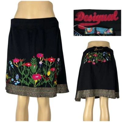 Desigual Womens Large Skirt Floral Embroidered Black 100% Cotton Casual Boho - Image 1 of 4