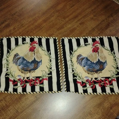 2 Wool-Velvet-Needlepoint Rooster Pillow Tapestries 16x16 - Image 1 of 4