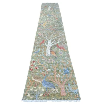 2'7"x15'2" Green Afghan Peshawar Bird Design Hand Knotted Wool Runner Rug G20436 - Image 1 of 4