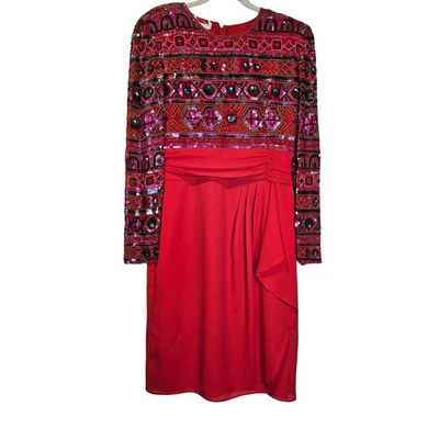 Vintage 90s Stenay 10 Red Glam Beaded Avant Garde Dress Long Sleeve Formal   — 第 1/4 张图片