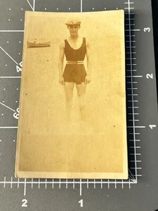 1920s Skinny Man SWIMSUIT Beach Bulge Unusual Odd Antique Gay Int Snapshot PHOTO - Picture 1 of 3