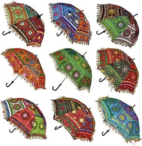 Indian Vintage Wedding Parasol Multi Color Embroidery Sun Cotton Umbrella 10 Pcs - Foto 1 di 3