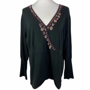 Roxie B Black Beaded V-Neck Sweater Women's XL 3/4 Sleeve Banded Cuffs - Picture 1 of 11