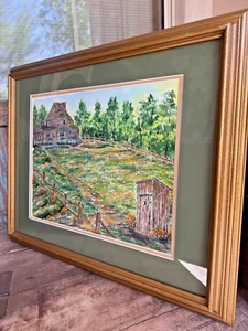 Mancini Original gerahmtes Aquarell Bauernhaus Hof Blumen & Plumpsklo 19"x23" - Bild 1 von 8