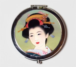 Geisha Leaves Japanese Art Compact Mirror Make Up Pocket Mirror Cosmetics - Picture 1 of 2