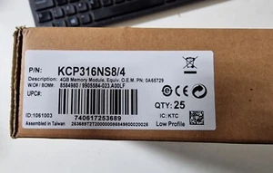 25x 4GB KCP316NS8/4 Kingston 12800u DDR3 1600MHz PC Desktop Memory RAM Box of 25 - Picture 1 of 3