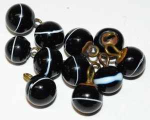 11 x Antique Czech White Striped Black Bicolor Lampwork Ball Glass Buttons 10-11 - Picture 1 of 2