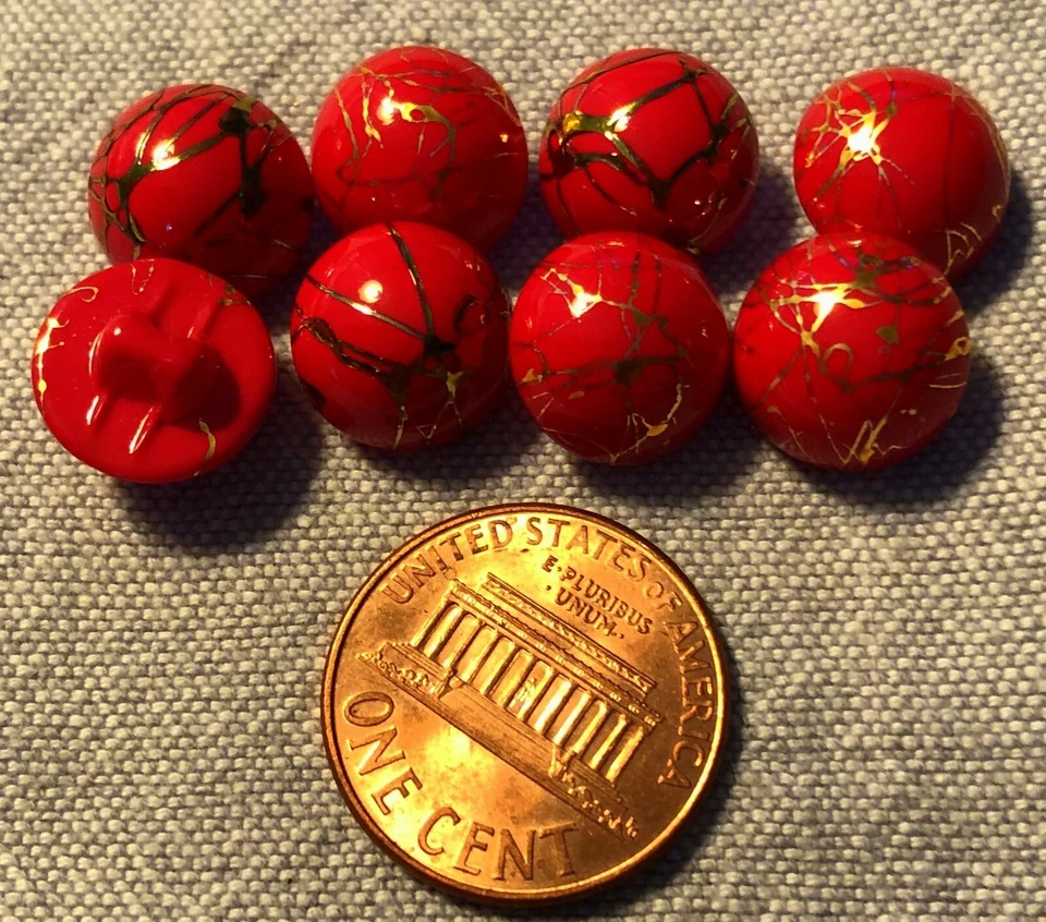8 Small Domed Bright Red Glass Shank Buttons Gold Paint Veins 7/16" 11mm # 9503 - Image 1 of 1