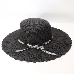 Classic Sun Hat Black Woven Straw Wide Brim Packable Floppy Gingham Ribbon Bow - Picture 1 of 10