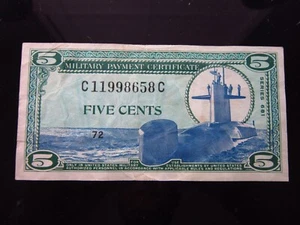 USA MPC Series 681 5 Cents Plate 72 8658# Military Payment Certificate Money - Picture 1 of 3