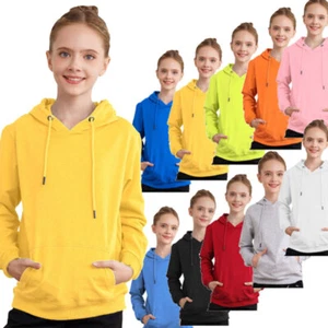 US Kids Girls Boys Plain Hooded Jumper Pullover Hoodie Unisex Sweatshirt Casual - Picture 1 of 64