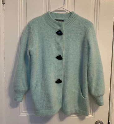 Vtg Venesha Angora  Sweater Jacket Robin’s Egg Blue Plastic Buttons Lush Lined - Image 1 of 4