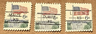 3 KANSAS PRECANCEL MAIZE T 835 OLMITZ T 841 LYONS T 837 SC 1338 6 CENT FLAG PB3 - Image 1 of 4