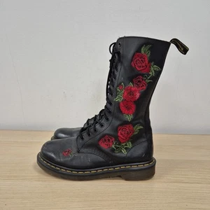 Dr Martens 1914 Vonda Red Roses Floral Black Boots 14 Eyes Mid Calf Uk 6 Eu 39 - Picture 1 of 11