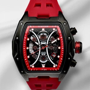 # IceTime 45mm Men's Red Black Dial Steel Mens Watch 0.10ct Diamonds IT24 - Picture 1 of 9