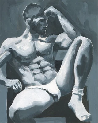 Pintura a óleo original pintada à mão em papel homem gay homem nu - Imagem 1 de 3