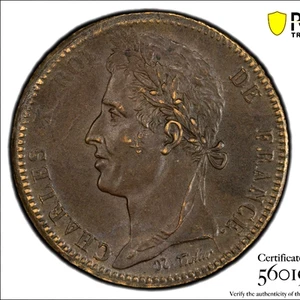 French West Indies, Colonial, Charles X, 10 Centimes 1827-H, PCGS MS62BN, UNC - Picture 1 of 4