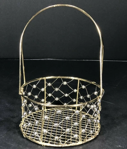 Gold Silver Metal Beaded Basket Christmas New Lightweight Freestanding 6.5"Hx4"D Cover