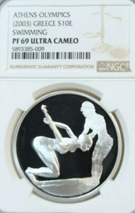 2003 GREECE SILVER 10 EURO S10E SWIMMING NGC PF 69 ULTRA CAMEO TOP POP - Picture 1 of 4