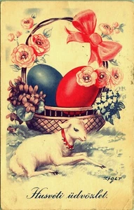 Lamb by Egg Basket Hungarian Easter Postcard - Picture 1 of 2