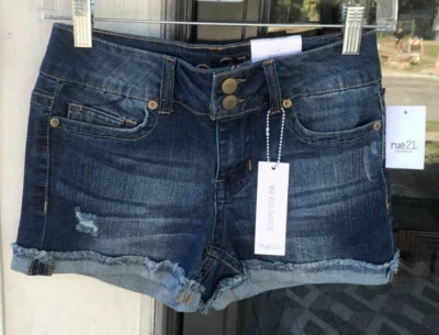 Pantalones Cortos Rue21 Talla 0 Tiro Medio Azul Denim Puños Corte Desgastados D4 #1 Foto 1 de 4