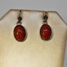 Vintage Egyptian Revival Carved Red Scarab Dangle Earrings Sterling Silver