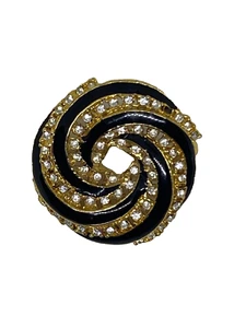 Broche prendedor antiguo vintage tono dorado esmalte negro estrás nudo círculo - Imagen 1 de 9