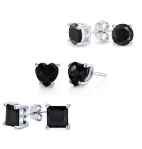 3 Pack 925 Sterling Silver Black Onyx Cubic Zirconia Stud Earrings Set Men Women - Picture 1 of 4