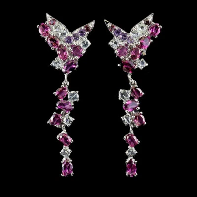 Estate 925 Orecchini Argento Ovale Rodolite Garnet Acquamarina Naturale Gioielli - Immagine 1 di 4