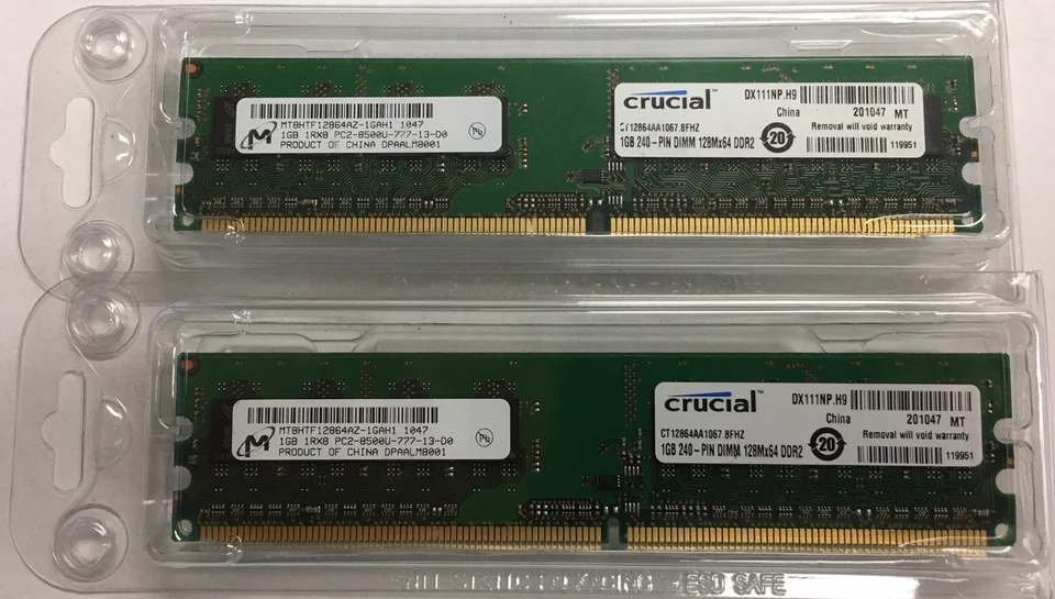 2GB 2x 1GB Crucial PC2-8500 DDR2 1066MHz CL7 CT12864AA1067 Desktop Memory UDIMM - Image 1 of 2