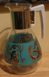 Mid Century Modern Glass Coffee Carafe Turquoise & Gold Paisley design - Picture 1 of 7