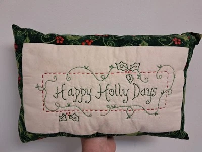 12"x 8” Embroidered Handmade Christmas Decorative Pillow Happy HOLLY Days VTG - Image 1 of 4