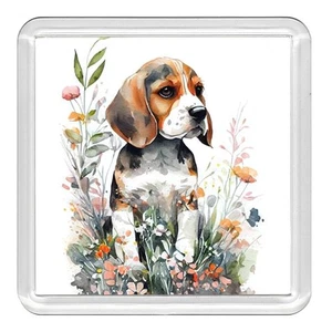Beagle Hound Dog & Flowers Acrylic Coaster Novelty Drink Cup Mat Great Gift - Picture 1 of 1