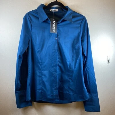 Doublju Women’s Medium Slim Fit Long Sleeve Button Down Collared Shirt Turquoise - Image 1 of 4