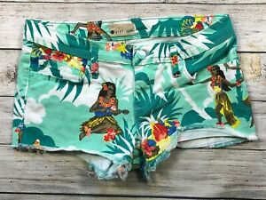 ROXY Denim Size 5 27 Hawaiian Print Hula Girl Denim Jean Shorts Aloha Friday F10
