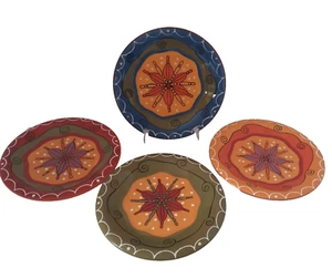 Pier 1 Star Flower 8” Salad  Plates Colorful Hand Painted Ironstone  Set of 4 - Picture 1 of 5