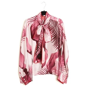 F.R.S. For Restless Sleepers Top TU Pink Jungle Print Ascot maxi Blouse Shirt OS - Imagen 1 de 6