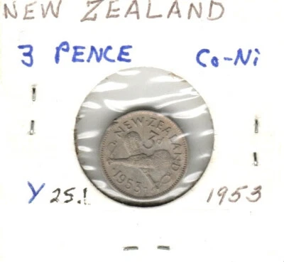 Nueva Zelanda 3 peniques, 1953, cobre-níquel, Y25.1, reina Isabel II Foto 1 de 2