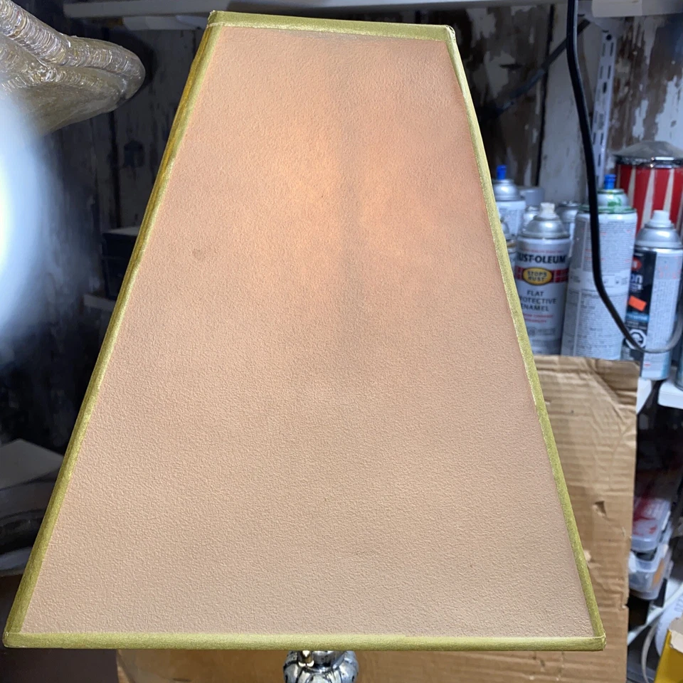 LAMPSHADES PAIR Mission, 10.5”x10”x5” Textured Paper Light Olive Trim Bell - Image 1 of 4