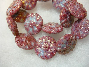  10 14mm Czech Glass Plum Bronze Dahlia Flower Coin Beads - Picture 1 of 2