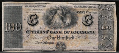 1800’s Citizens Bank New Orleans Louisiana $100 Dollar Obsolete Banknote UNC - Image 1 of 2